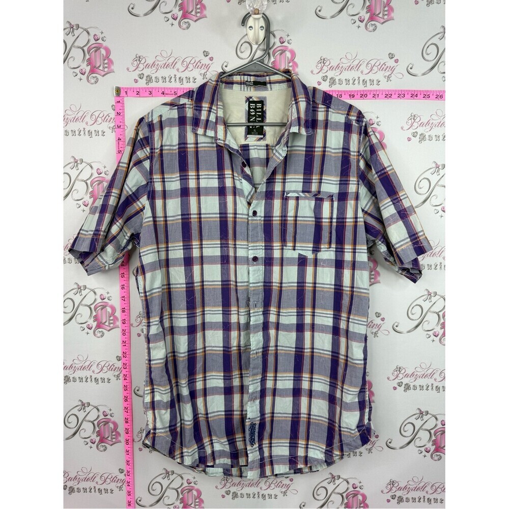 Billabong Men's Short Sleeve Plaid Button-Up Shirt - White, Purple & Orange Trim